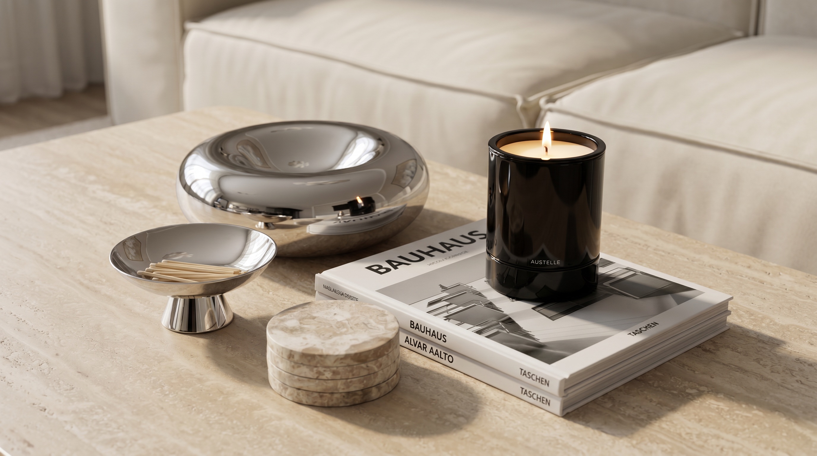 Polished metal trays and a lit Austelle candle arranged on a low wooden table beside a linen sofa.